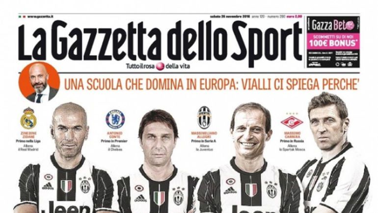 Зинедин ЗИДАН, Антонио КОНТЕ, Массимилиано АЛЛЕГРИ и Массимо КАРРЕРА на обложке La Gazzetta Dello Sport. Зинедин ЗИДАН, Антонио КОНТЕ, Массимилиано АЛЛЕГРИ и Массимо КАРРЕРА на обложке La Gazzetta Dello Sport.
