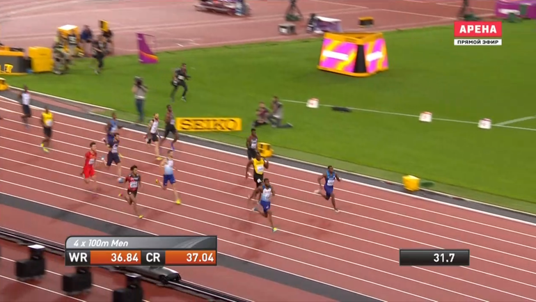 Раскадровка сорванного забега Усэйна Болта в эстафете 4х100 м. Раскадровка сорванного забега Усэйна Болта в эстафете 4х100 м.