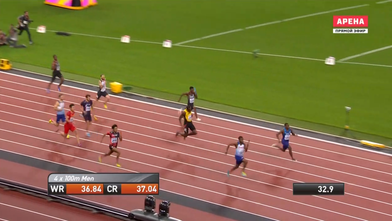 Раскадровка сорванного забега Усэйна Болта в эстафете 4х100 м. Раскадровка сорванного забега Усэйна Болта в эстафете 4х100 м.
