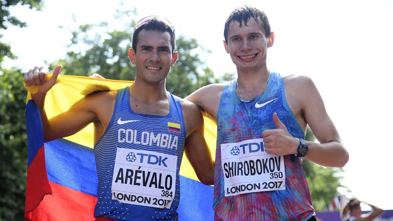 Сергей ШИРОБОКОВ (справа) и золотой призер ЧМ в ходьбе на 20 км Эйдер АРЕВАЛО.. Фото REUTERS Сергей ШИРОБОКОВ (справа) и золотой призер ЧМ в ходьбе на 20 км Эйдер АРЕВАЛО.. Фото REUTERS