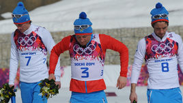 23 февраля 2014 года. Сочи. Максим ВЫЛЕГЖАНИН, Александр ЛЕГКОВ и Илья ЧЕРНОУСОВ (слева направо).