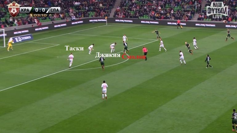 Первый удар Смолова в матче после индивидуальных действий. Мяч после его удара из-под Джикии попал в перекладину. Первый удар Смолова в матче после индивидуальных действий. Мяч после его удара из-под Джикии попал в перекладину.