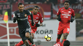 10 декабря 2017 года. Москва. "Открытие Арена". "Спартак" - ЦСКА - 3:0. "Спартак"(Москва) - ЦСКА. 3:0. Легионеры ВИТИНЬЮ, ФЕРНАНДУ, МЕЛЬГАРЕХО, Квинси ПРОМЕС (слева направо).