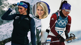 Лыжница Наталья НЕПРЯЕВА - слева и биатлонистка Татьяна АКИМОВА - справа. Анна КУРНИКОВА - в середине.