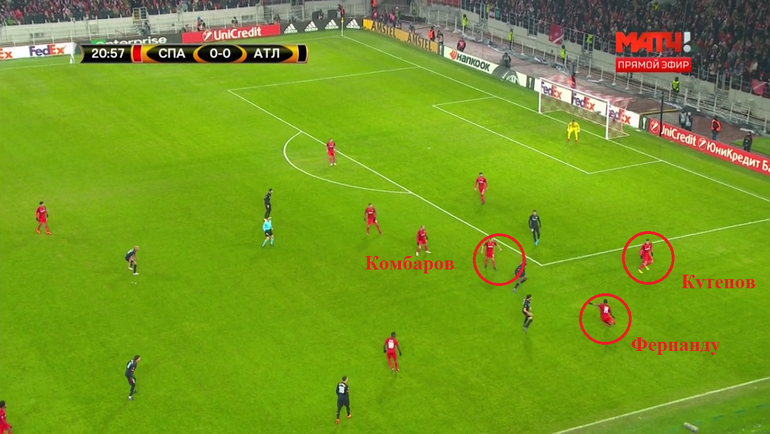 Фернанду, находясь под прессингом, выносит мяч вперед. Сразу же после этого красно-белые начинают перестраиваться. Фернанду, находясь под прессингом, выносит мяч вперед. Сразу же после этого красно-белые начинают перестраиваться.