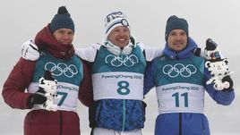 Суббота. Пхенчхан. Александр БОЛЬШУНОВ (слева), Иво НИСКАНЕН (в центре) и Андрей ЛАРЬКОВ.