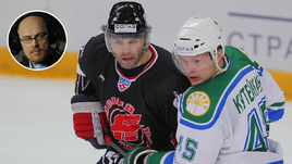 5 марта 2009 года. Омск. "Авангард" - "Салават Юлаев" - 4:1. Омичи, попавшие в плей-офф на флажке, переиграли фаворита чемпионата. Защитник уфимцев Андрей КУТЕЙКИН (справа) против Яромира ЯГРА.