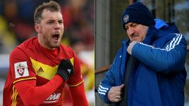 Нападающий "Арсенала" Артем ДЗЮБА и главный тренер сборной России Станислав ЧЕРЧЕСОВ.