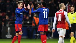 12 апреля 2018. Москва. Стадион ВЭБ Арена. Лига Европы. Ответный матч. ЦСКА - "Арсенал" (Лондон). Кирилл НАБАБКИН и ВИТИНЬЮ после гола.