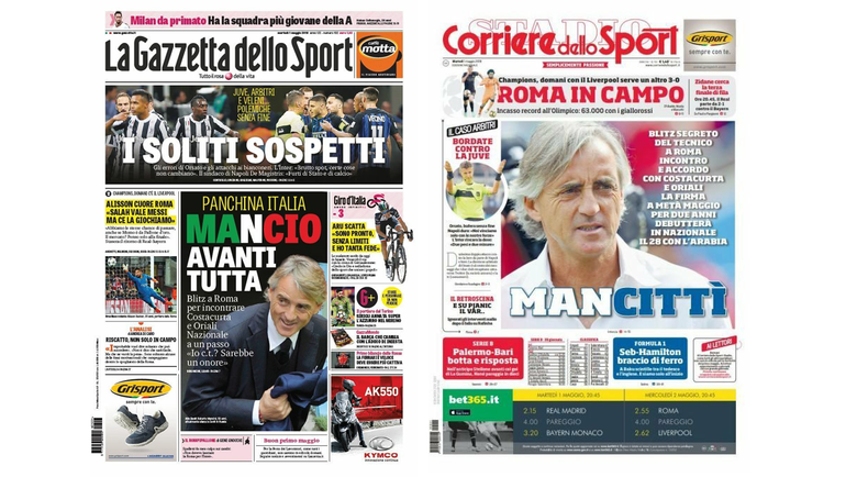 Первые полосы крупнейших итальянских газет во вторник посвящены переговорам Роберто Манчини с Федерацией футбола Италии. Первые полосы крупнейших итальянских газет во вторник посвящены переговорам Роберто Манчини с Федерацией футбола Италии.