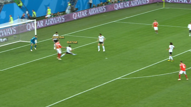 Мяч летит в сторону Дзюбы, и Фатхи, борясь с Артемом, срезает мяч в свои ворота. Мяч летит в сторону Дзюбы, и Фатхи, борясь с Артемом, срезает мяч в свои ворота.