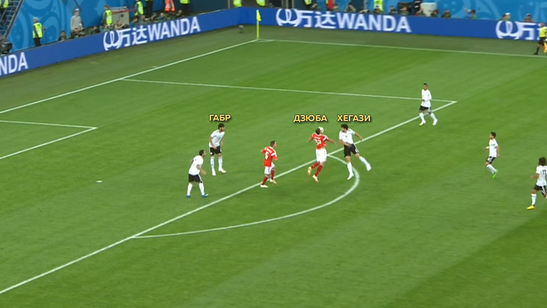 Хегази ошибается в выборе позиции, Дзюба получает мяч. Хегази ошибается в выборе позиции, Дзюба получает мяч.