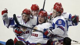 5 января 2011. Россия – Канада – 5:3. Россияне празднуют четвертую шайбу.