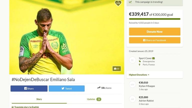 Сбор средств на поиски Эмилиано Салы. Сбор средств на поиски Эмилиано Салы.