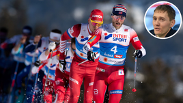 Александр Большунов преследует Мартина Сундбю.