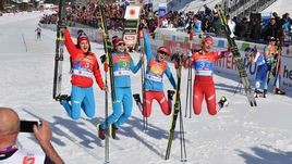 28 февраля. Зефельд. Юлия Белорукова, Анастасия Седова, Анна Нечаевская, Наталья Непряева (слева направо) после финиша эстафеты.