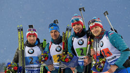 Бронзовые призеры чемпионата мира-2019 в эстафете Александр Логинов, Дмитрий Малышко, Никита Поршнев и Матвей Елисеев (слева направо).