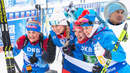 13 января. Оберхоф. (слева направо) Екатерина Юрлова-Перхт, Евгения Павлова, Маргарита Васильева и Лариса Куклина празднуют победу в эстафете.