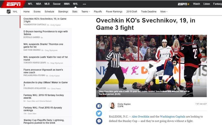 Страница ESPN про драку Александра Овечкина и Андрея Свечникова. Страница ESPN про драку Александра Овечкина и Андрея Свечникова.