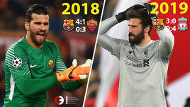 Алиссон после матчей с "Барселоной" за "Рому" и "Ливерпуль" с разницей в год.