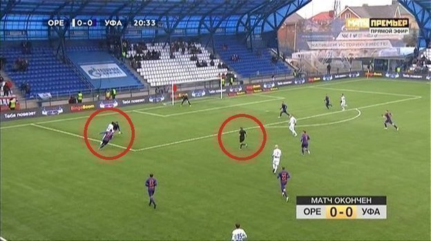 21-я минута матча «Оренбург» — «Уфа». 21-я минута матча «Оренбург» — «Уфа».
