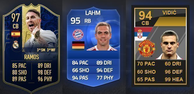 Серхио Рамос (FIFA 19), Филипп Лам (FIFA 15) и Неманья Видич (FIFA 12) (слева направо). Фото FUTBIN. Серхио Рамос (FIFA 19), Филипп Лам (FIFA 15) и Неманья Видич (FIFA 12) (слева направо). Фото FUTBIN.