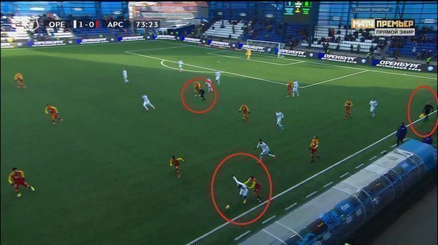 74-я минута матча «Оренбург» — «Арсенал». 74-я минута матча «Оренбург» — «Арсенал».