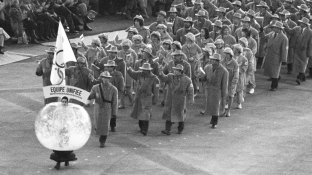 Объединенная команда на открытии Игр в Альбервиле. Фото Игорь Уткин, ТАСС Объединенная команда на открытии Игр в Альбервиле. Фото Игорь Уткин, ТАСС