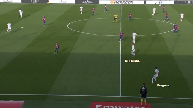 Расположение Карвахаля и Родригу в начальной стадии атаки в матче с «Эйбаром» (3:1). Расположение Карвахаля и Родригу в начальной стадии атаки в матче с «Эйбаром» (3:1).