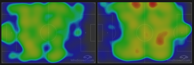 Тепловые карты «Ромы» (слева) и «Ювентуса» (справа) в матче 2-го тура серии А (2:2). Тепловые карты «Ромы» (слева) и «Ювентуса» (справа) в матче 2-го тура серии А (2:2).