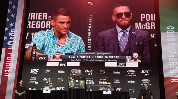 Пресс-конференция Дастина Порье и Конора Макгрегора. Фото Reuters Пресс-конференция Дастина Порье и Конора Макгрегора. Фото Reuters