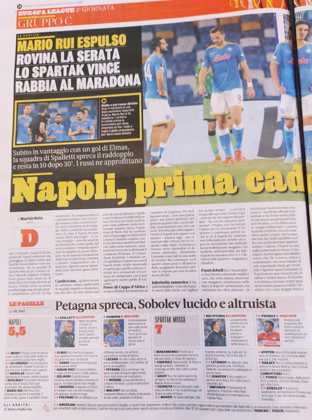La Gazzetta dello Sport — о матче «Наполи» — «Спартак». La Gazzetta dello Sport — о матче «Наполи» — «Спартак».