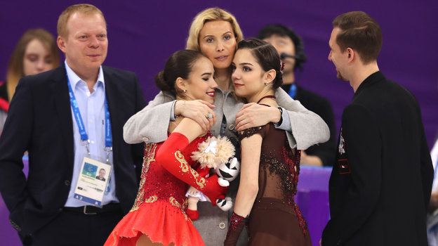 Алина Загитова, Этери Тутберидзе, Евгения Медведева.