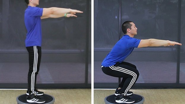 Приседания на балансировочной платформе (BOSU). Приседания на балансировочной платформе (BOSU).