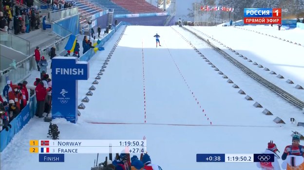 Украинские спортсмены размахивали флагами во время финиша мужской биатлонной эстафеты. Фото Скриншот эфира канала «Россия 1» Украинские спортсмены размахивали флагами во время финиша мужской биатлонной эстафеты. Фото Скриншот эфира канала «Россия 1»