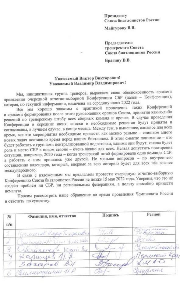 Коллективное письмо тренеров к СБР. Коллективное письмо тренеров к СБР.