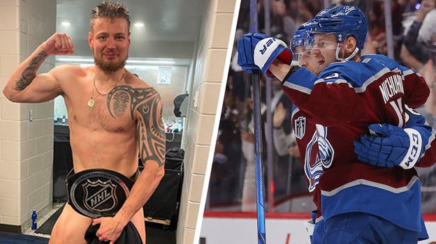 Валерий Ничушкин в чемпионской раздевалке «Колорадо» и на льду во время победного розыгрыша Кубка Стэнли.