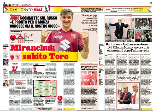 Алексей Миранчук (слева) и Сильвио Берлускони на развороте La Gazzetta dello Sport. Фото La Gazzetta dello Sport Алексей Миранчук (слева) и Сильвио Берлускони на развороте La Gazzetta dello Sport. Фото La Gazzetta dello Sport