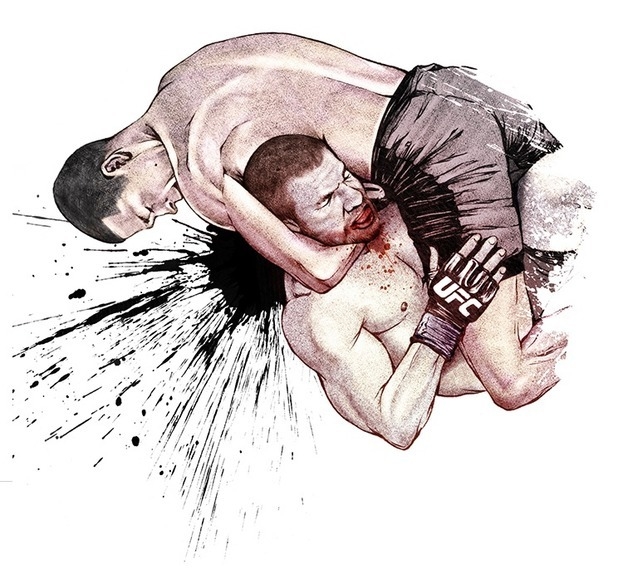 Джим Миллер в гильотине Нейта Диаза. Фото Рисунок Эдварда Као для MMAfighting.com Джим Миллер в гильотине Нейта Диаза. Фото Рисунок Эдварда Као для MMAfighting.com