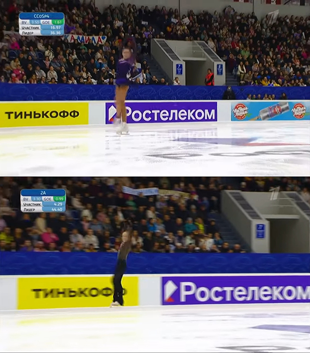 Максимальная высота лутца Валиевой и Яметовой. Фото Скриншот из трансляции Первого канала Максимальная высота лутца Валиевой и Яметовой. Фото Скриншот из трансляции Первого канала
