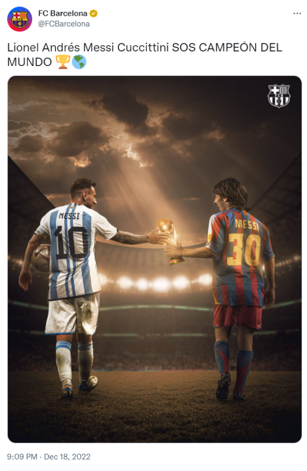 Пост «Барселоны» в честь Месси после финала ЧМ-2022. Пост «Барселоны» в честь Месси после финала ЧМ-2022.
