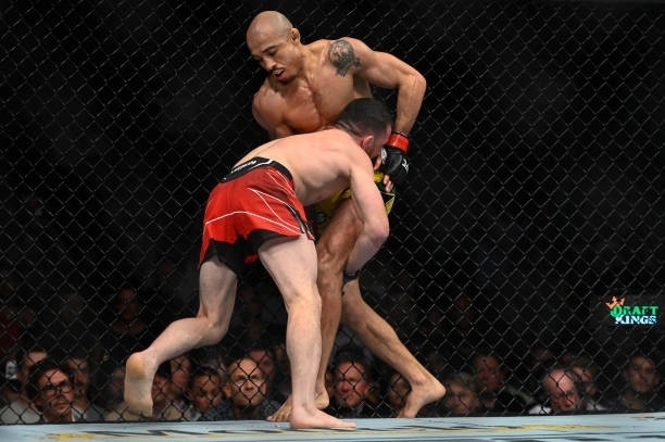 Мераб Двалишвили пробует перевести Жозе Альдо. Фото Zuffa LLC Мераб Двалишвили пробует перевести Жозе Альдо. Фото Zuffa LLC