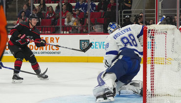 Голкипер «Тампы» Андрей Василевский пропускает шайбу от Андрея Свечникова.