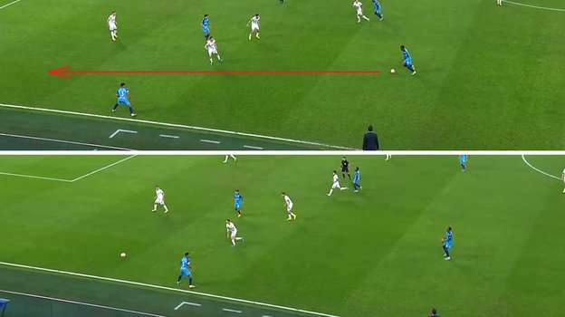 «Зенит» — «Динамо». 33-я минута. Ренан пытается исполнить пас низом на ход Дугласу, но капитан не понимает его, мяч уходит в аут.