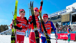 Призеры лыжного марафона Мария Истомина, Анастасия Кулешова, Анастасия Прокофьева.