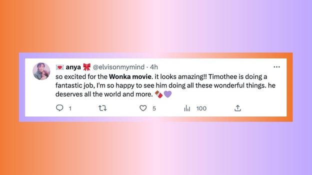 Так взволнована фильмом Вонка! Выглядит потрясающе! Тимоти делает просто фантастическую работу, я так счастлива видеть, как он делает все эти чудесные вещи. Он заслуживает весь мир!