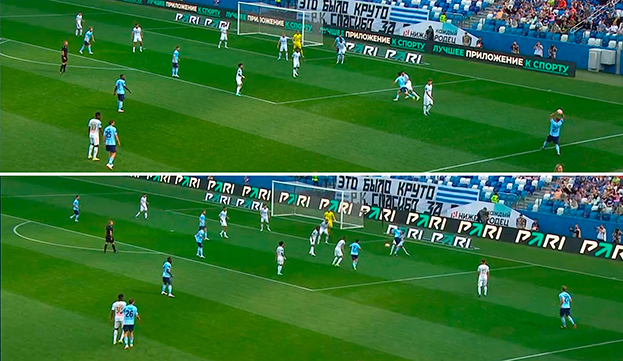 «Пари НН» — «Зенит» — 0:2. 17-я минута. Живоглядов вбрасывает аут в зону у угла площади ворот «Зенита», Сулейманов выигрывает единоборство, после чего Калинский наносит опасный удар.