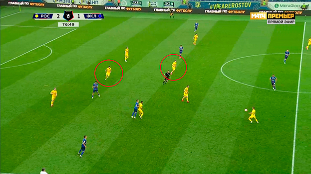 «Ростов» — «Факел» — 2:1. Защитник желто-синих Данила Прохин вышел на замену в опорную зону, а Данил Глебов занял место в обороне.