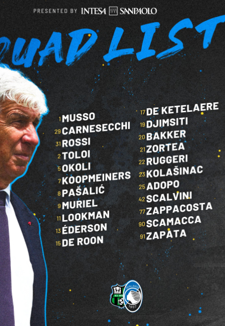 Состав на матч «Аталанты» с «Сассуоло».