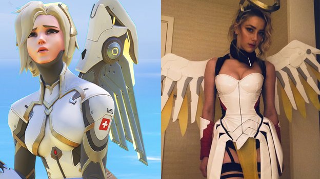 Эмбер Хёрд в костюме Мёрси из Overwatch.